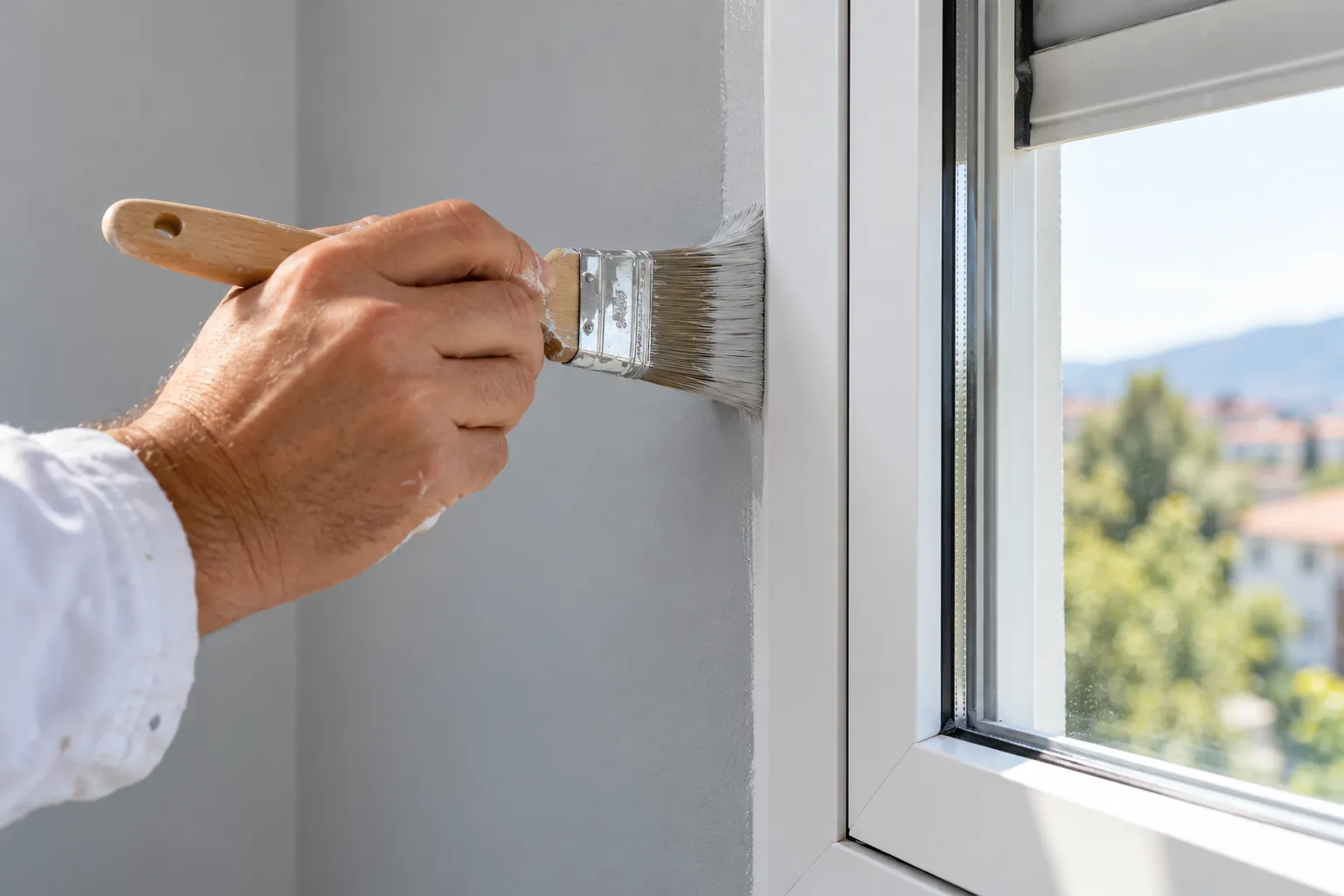 Pintura de interiores en Elda: recorte con brocha junto a una ventana de aluminio