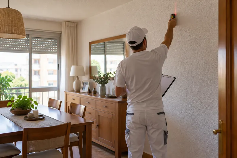 Presupuesto de pintura en Elda: pintor midiendo una pared con gotelé con metro láser